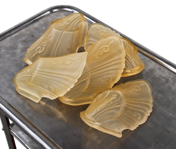 set of five matching c. 1930's american art deco depression era champagne colored pressed art glass slip shades