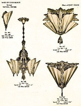 one of three highly desirable c. 1930's american art deco style "soleure" pattern interior residential wall sconce with original bronze-plated shade fitter