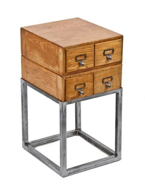 very unique repurposed vintage industrial hamilton library index card filing cabinet side table with custom-built angled steel base