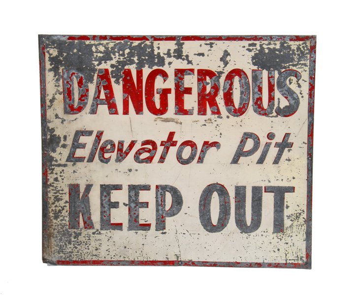 c. 1930's hand-painted nicely worn and weathered antique american industrial single-sided galvanized steel warehouse "elevator pit" danger or cautionary sign