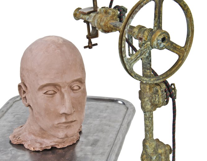 unusual vintage american life-size hand-crafted art school project fired terracotta freestanding eyeless human head sculpture