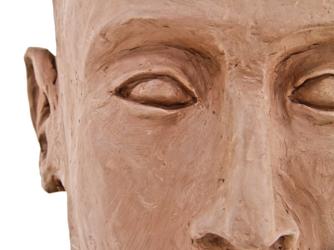 unusual vintage american life-size hand-crafted art school project fired terracotta freestanding eyeless human head sculpture