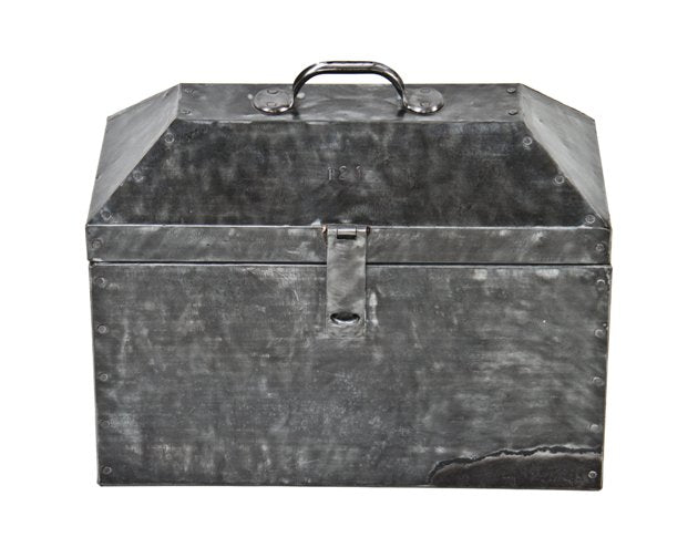 all original solidly-built folded and pressed refinished galvanized steel factory machinist "121" tool box with spacious interior compartment
