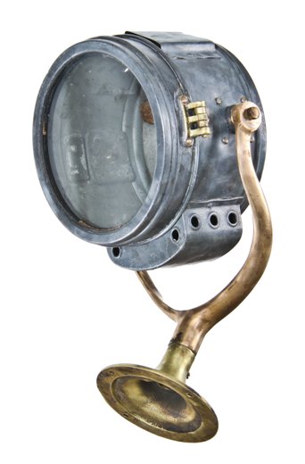 unique early 20th century vintage industrial automobile "solar" spotlight with cast bronze swivel and trunnion mounting bracket