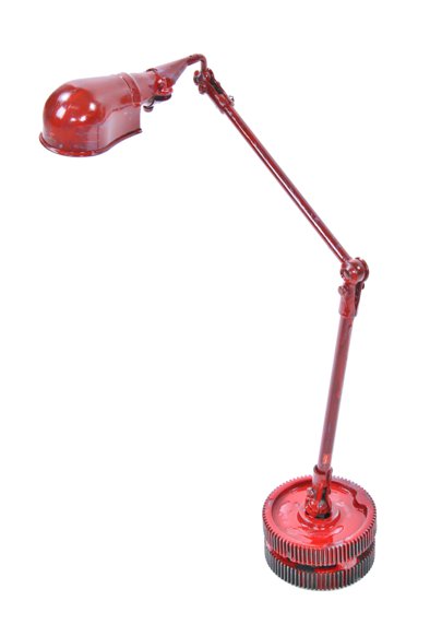 c. 1950's vintage american industrial red enameled articulating arm machine shop task lamp with custom-built base