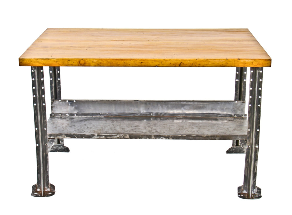 completely refinished c. 1940's vintage american industrial "lyon steel products" factory workbench with solid maple wood tabletop