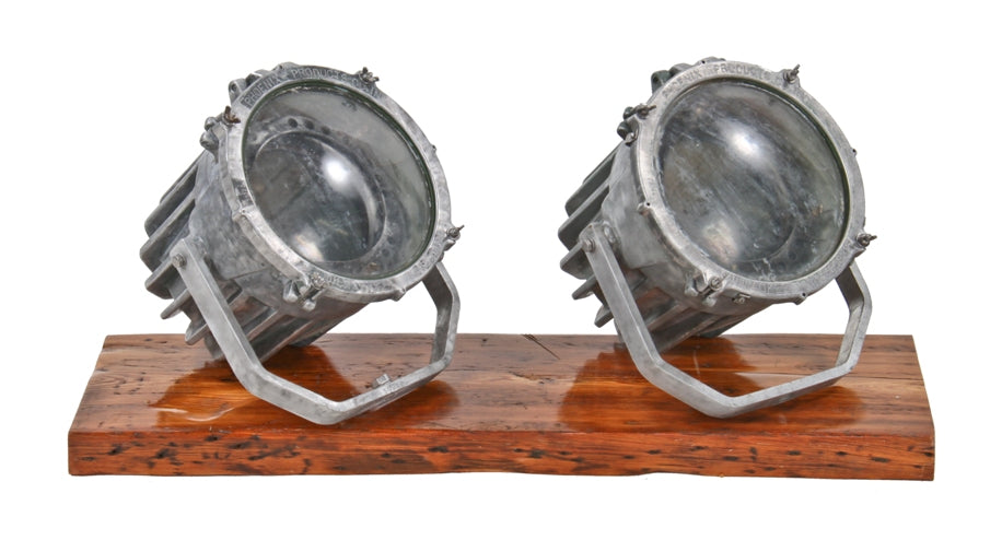 matching set of heavily reinforced american vintage industrial cast aluminum exterior spotlights with trunnion swivel brackets