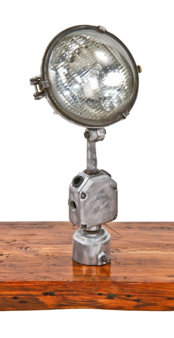 original c. 1950's vintage american industrial "steber" brushed aluminum service station lamppost flood light with versatile head lamp and glass lens