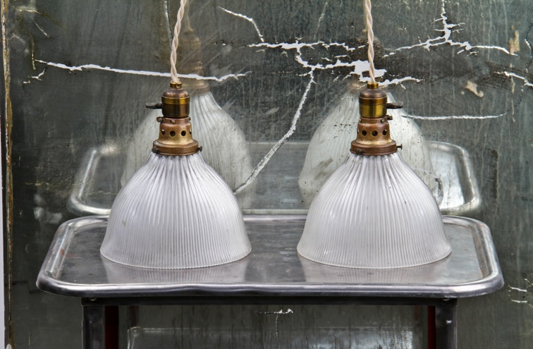 matching set of 1917-20 american made industrial illuminating units with original "holophane" prismatic glass deep bowl reflectors