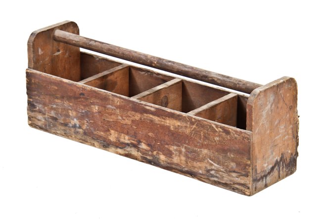 vintage american industrial weathered and worn long and narrow pine wood hand held compartmentalized toolbox