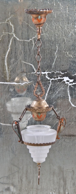 original c. 1930's american art deco style polychrome enameled single pendant light with stepped or "wedding cake" frosted glass drop bowl