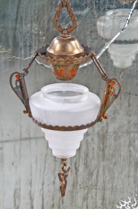 original c. 1930's american art deco style polychrome enameled single pendant light with stepped or "wedding cake" frosted glass drop bowl