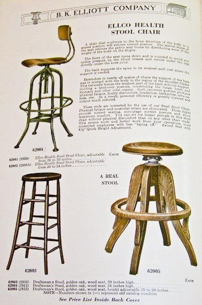 fully refinished american industrial c. 1930's "uhl art steel" adjustable height factory stool with contoured backrest and saddle seat