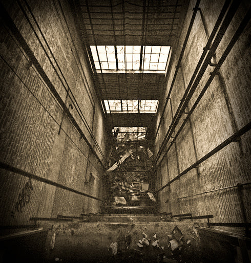 c. 1930's hand-painted nicely worn and weathered antique american industrial single-sided galvanized steel warehouse "elevator pit" danger or cautionary sign