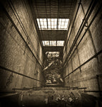 c. 1930's hand-painted nicely worn and weathered antique american industrial single-sided galvanized steel warehouse "elevator pit" danger or cautionary sign