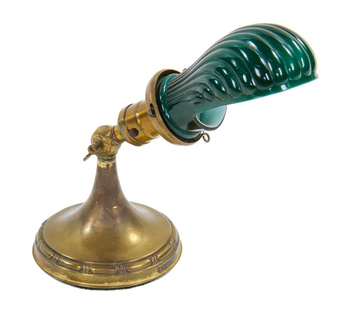 antique american adjustable "emeralite jr." portable brass table or desk lamp with fluted green cased glass shade