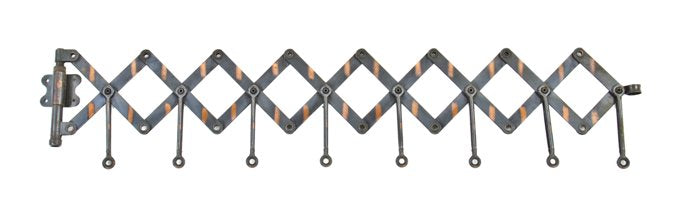 completely intact c. 1930's vintage american industrial extendable "hood" garment scissor bracket with oxidized copper finish