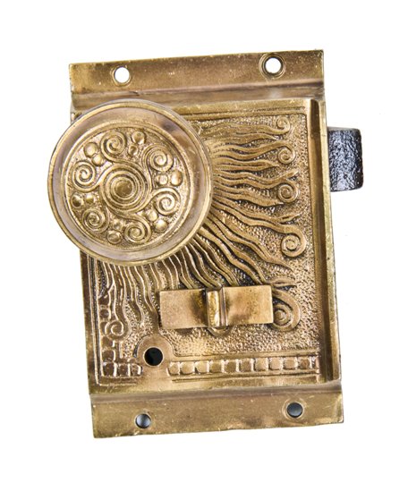 very unique 19th century ornamental cast bronze van gogh-esque pullman train car "saloon" lockset with sliding privacy latch