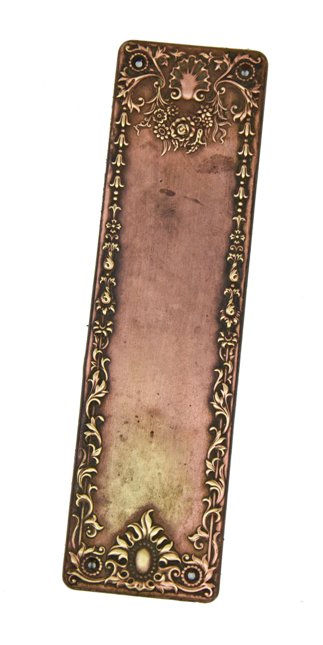 original c. 1900's american late victorian era ornamental stamped brass interior residential swinging door push plate
