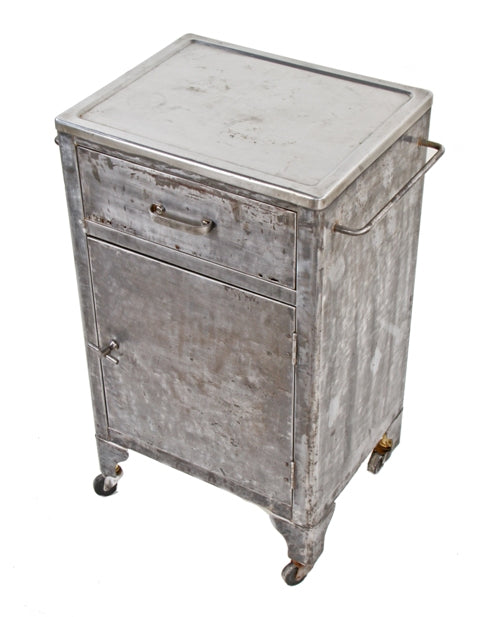 c. 1920's vintage american medical "columbia sani-steel" mobile va hospital supply cabinet with original casters