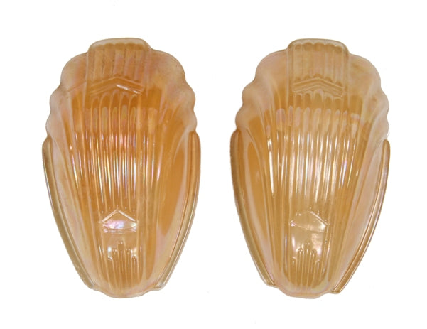 two matching original american art deco style "chevron" motif pressed glass residential wall sconce replacement shades