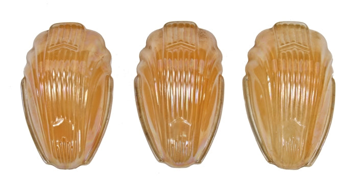 group of three original c. 1930's american art deco style "chevron" pattern pressed iridescent glass slip shade