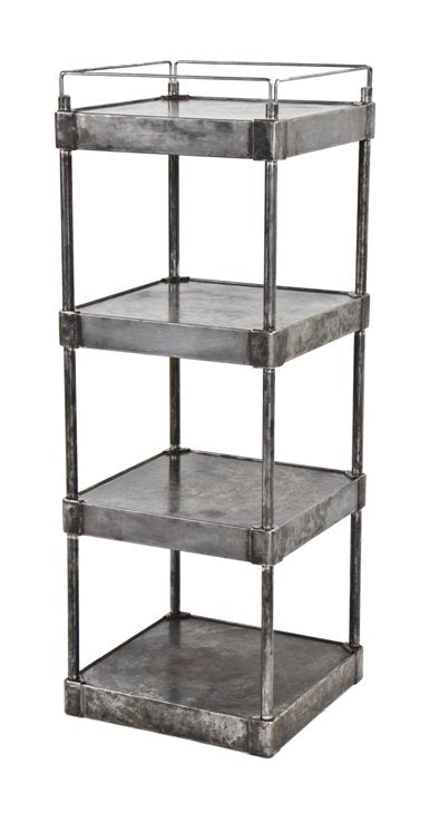 completely refinished c. 1940's vintage industrial four-tier interior general store shelving unit or display rack