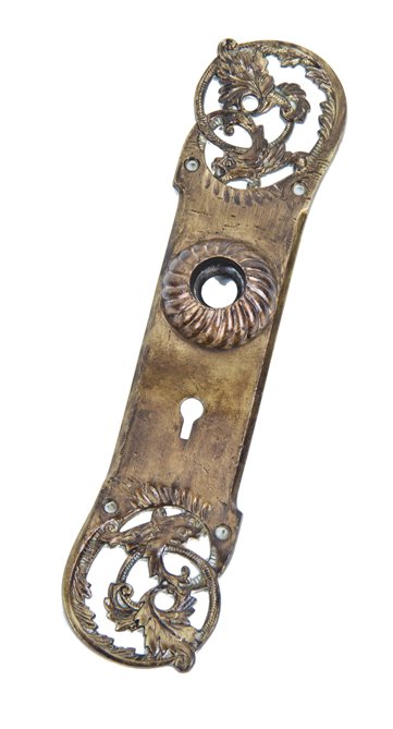 original and remarkably intact late 19th century ornamental cast brass "empire" style antique american salvaged chicago vintage residential doorknob backplate with oversized fluted thimble