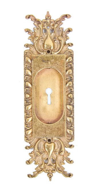 unusual early 20th century lightly polished ornamental cast brass pocket door backplate with deeply recessed "cup" handle