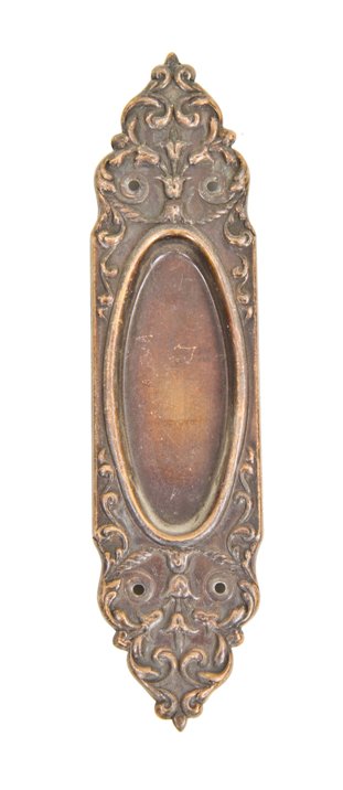 original early 20th century stamped ornamental bronze metal "mura" pattern residential pocket door backplate