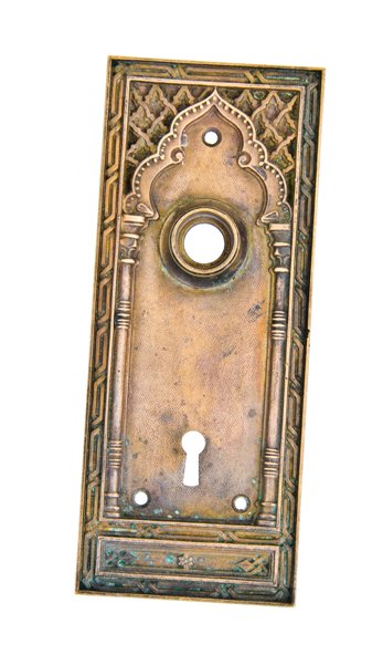 hard to find early 20th century moorish revival ornamental cast bronze "cordova" pattern residential doorknob backplate