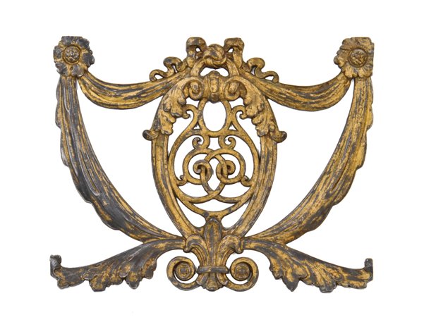 distinctive original c. 1920's ornamental cast iron cadillac-palace theater neoclassical style balustrade panel with original gilded paint finish