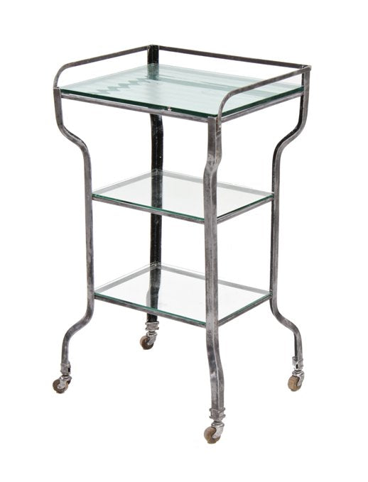 all original early 1920's american medical three-tier hospital operating room rolling supply cart with plate glass shelves