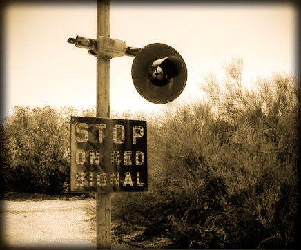 vintage american industrial single-sided die cut steel "stop on red signal" railroad crossing cautionary sign