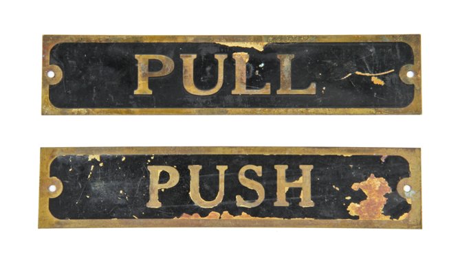 set of original and remarkably intact c. 1920's antique american salvaged chicago antique single-sided baked black enameled bank building swinging door "push" and "pull" plates