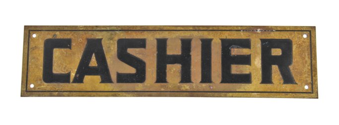 single-sided c. 1920's american yellow brass "cashier" bank building sign with black enameled lettering
