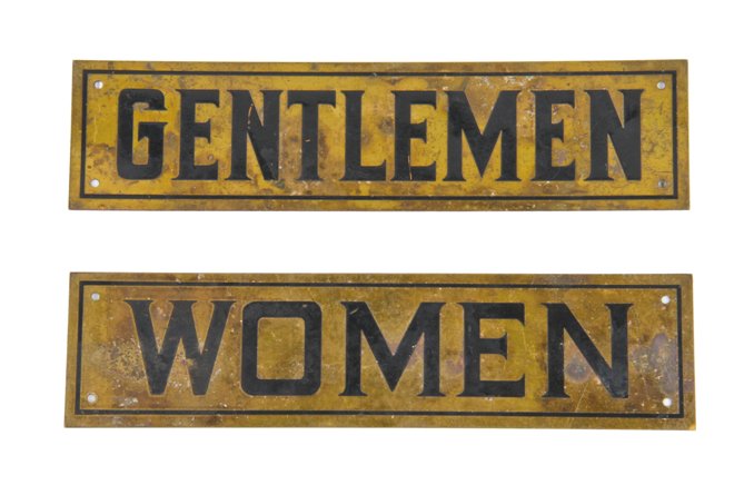 matching set of original interior bank building stamped brass lavatory signs with nicely aged surface patina