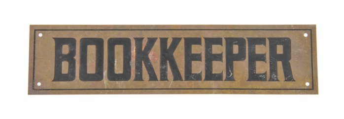 late 1920's vintage american single-sided flush mount brass metal "bookkeeper" chicago bank building sign