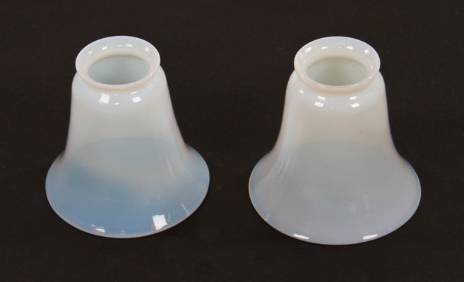 matching set of original american victorian era blue opalescent art glass bell-shaped replacement shades