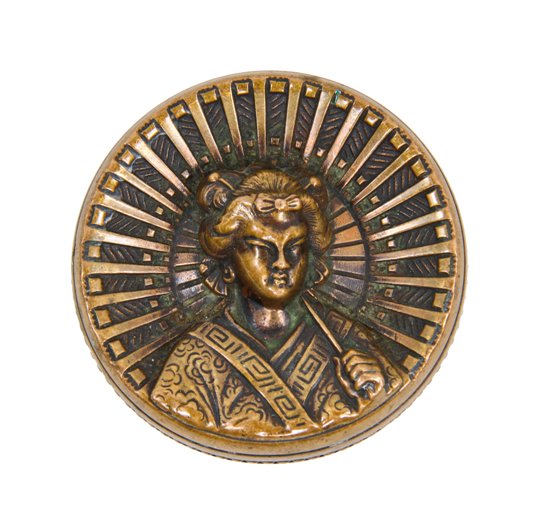 sought after original and intactl c. 1880's anglo-japanese style ornamental cast brass entrance size geisha girl antique doorknob