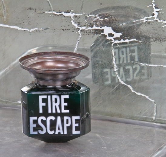 rare c. 1920's interior american movie theater emerald green faceted glass three-sided "fire escape" illuminated sign with enameled lettering