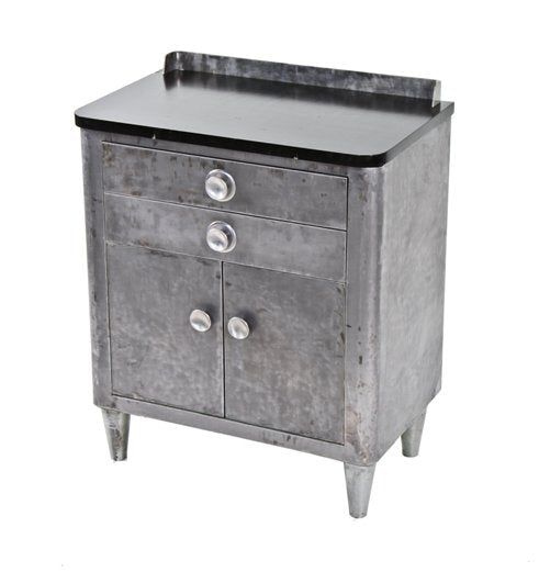 original c. 1940's streamlined style refinished cold-rolled steel vintage medical supply cabinet with brushed aluminum drawer pulls