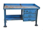 structurally sound and well-built c. 1940's vintage american industrial four-legged heavy gauge steel factory workbench with old blue paint finish