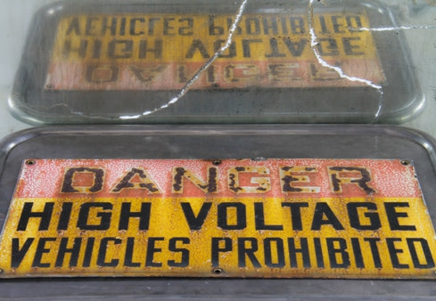 original and remarkably intact c 1930's nicely worn and weathered antique american salvaged chicago vintage single-sided industrial power substation "high voltage" porcelain enameled die cut steel sign