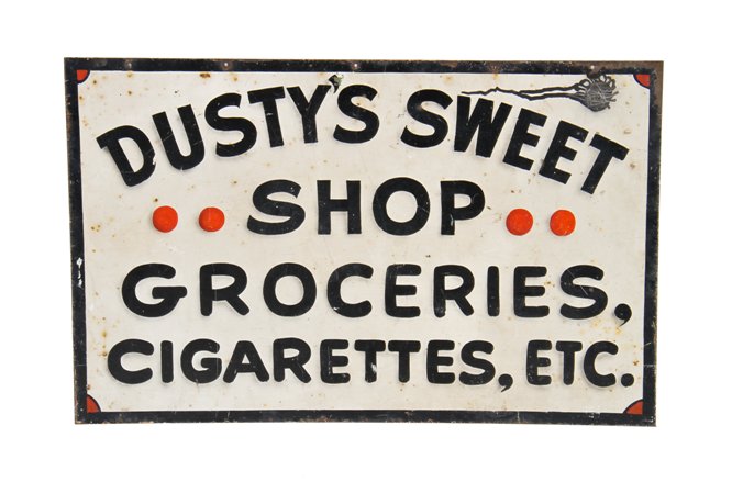 c. 1930's depression era hand-painted american folk art double-sided "dusty's sweet shop" heavy gauge steel storefront sign