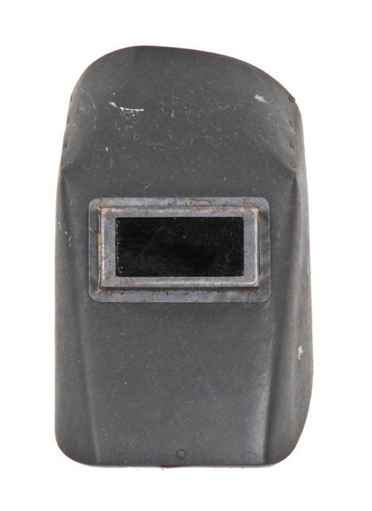 vintage c. 1950's american industrial riveted joint machine shop welder's helmet with reinforced eye shield