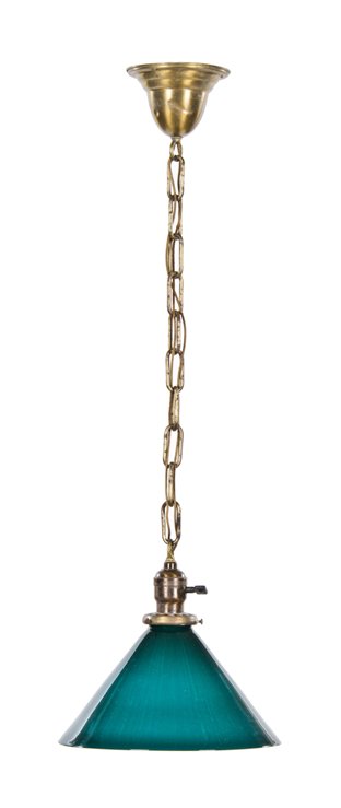 c. 1910 american interior bank building office early electric incandescent pendant light with intact emeralite green cased glass conical shade