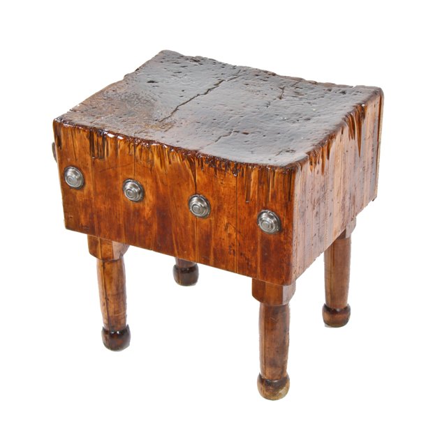 original and expertly-built c. early 20th century american freestanding hard maple wood butcher block table with finely turned legs