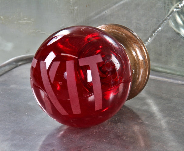 original c. 1920's flush mount single electric light ruby red glass "exit" wall sconce with oversized acid-etched lettering