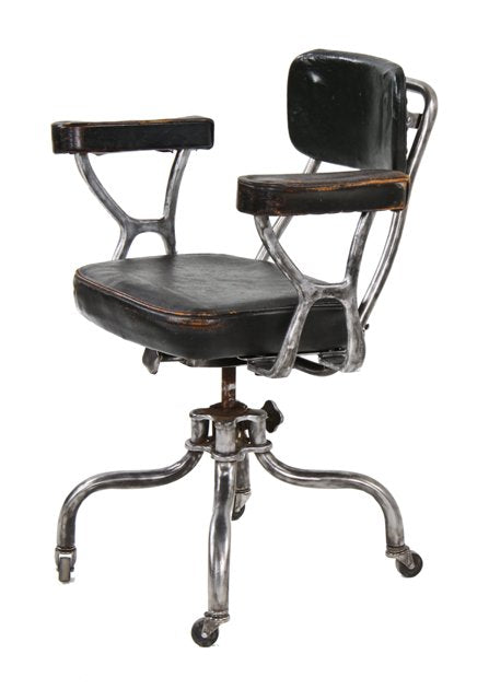 all original and fully functional c. 1930's american vintage industrial factory office adjustable "posture" armchair with intact casters